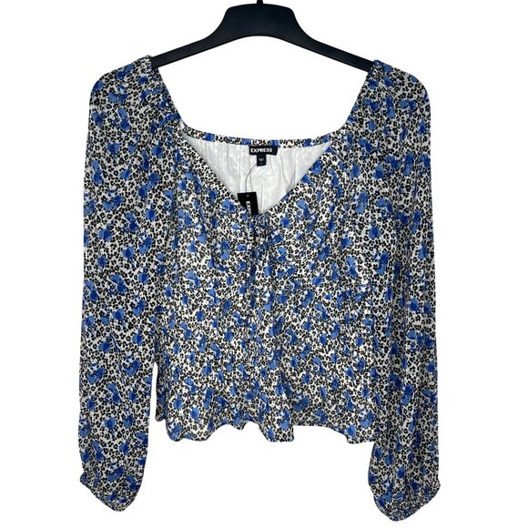 Express Blue Floral Long-Sleeve Cropped Blouse With Ruched Bust Size Large - Picture 5 of 15